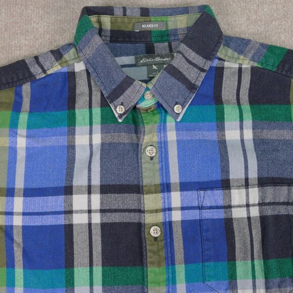 Eddie Bauer Flannel Shirt Men Large Blue Plaid Button Up Long Sleeve Relaxed Fit - Picture 1 of 12